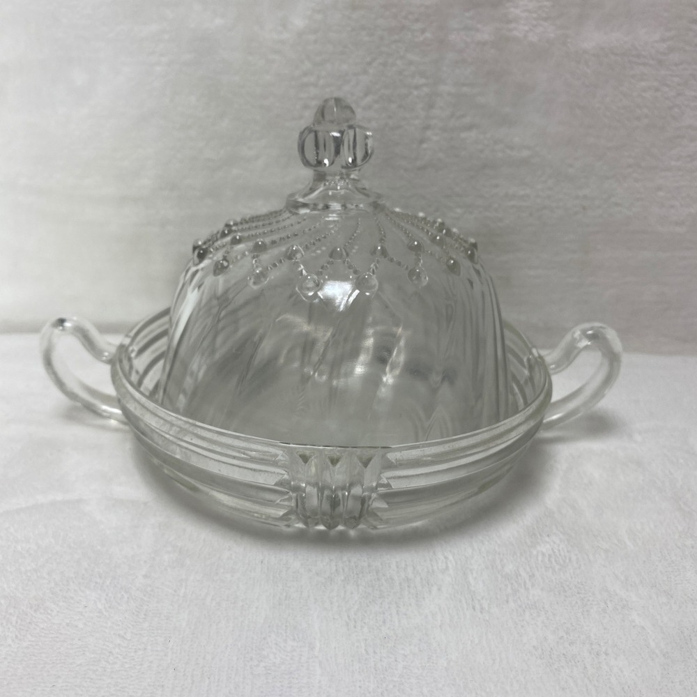 VTG Clear Glass Round Covered Candy‎ Dish with Handles Sunburst Pattern Lid